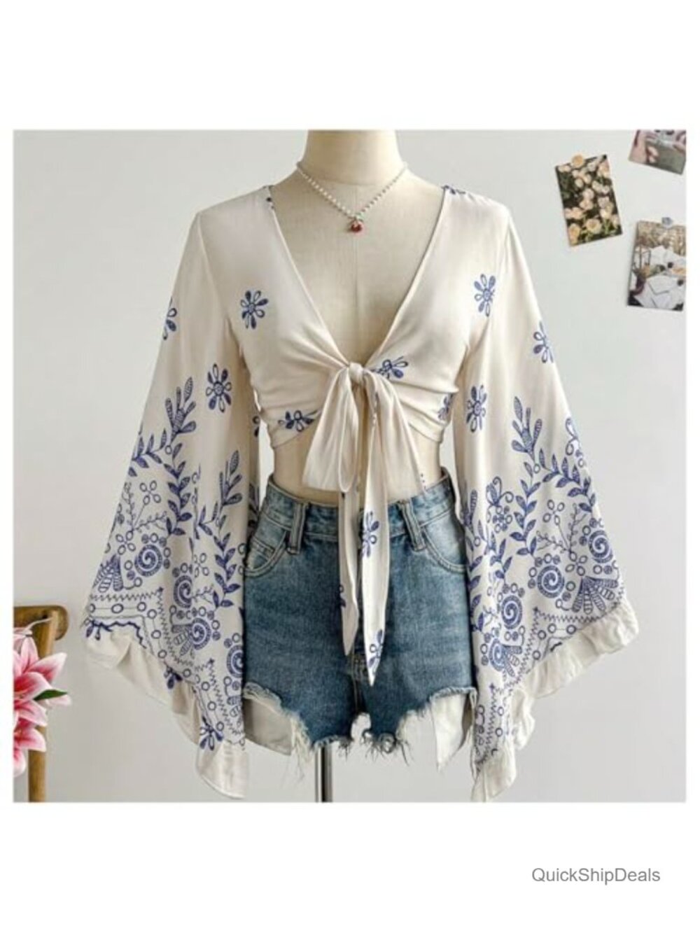 Boho Floral Wrap Top Women 70s Hippie Disco Country Concert Blouse V-Neck Bell - Picture 4 of 6